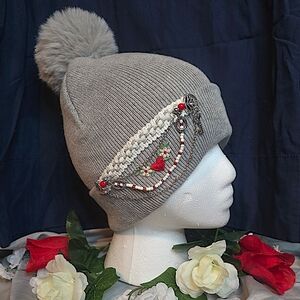 Gray Knit Beanie with Pom Pom and Embellishments